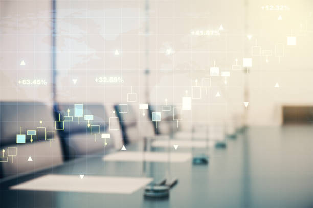istock Multi exposure of virtual abstract financial graph hologram and world map on a modern furnished classroom background, financial and trading concept 1468234039