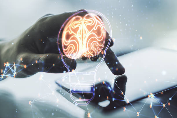istock Creative idea concept with light bulb and human brain illustration and with finger clicks on a digital tablet on background. Neural networks and machine learning concept. Multiexposure 1468234075