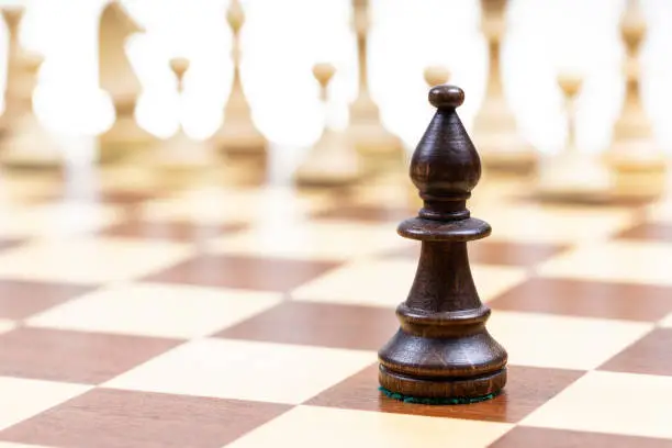 black bishop against white chess pieces in background on wooden chessboard close up (focus on queen)