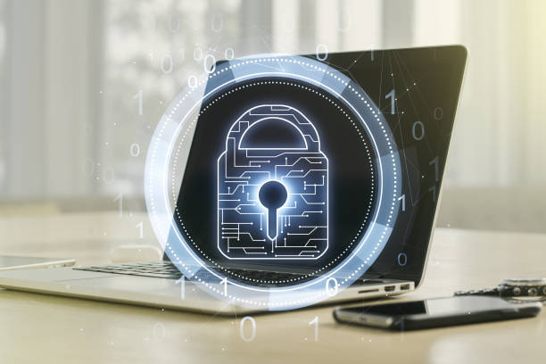 istock Creative idea concept with lock symbol and microcircuit illustration on modern laptop background. Protection and firewall concept. Multiexposure 1468234156