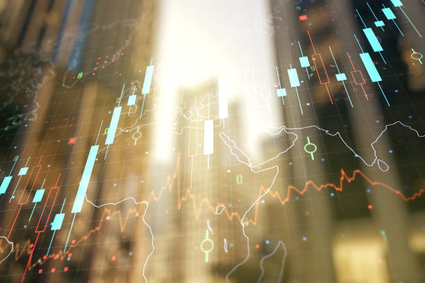 istock Double exposure of abstract financial graph with world map on office buildings background, financial and trading concept 1468234789