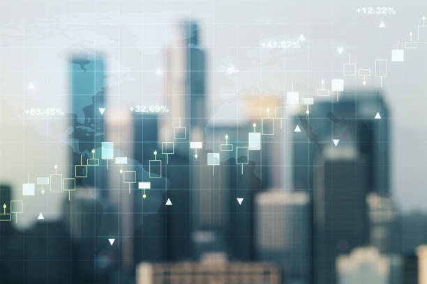 istock Multi exposure of virtual abstract financial graph hologram and world map on blurry skyscrapers background, financial and trading concept 1468234799