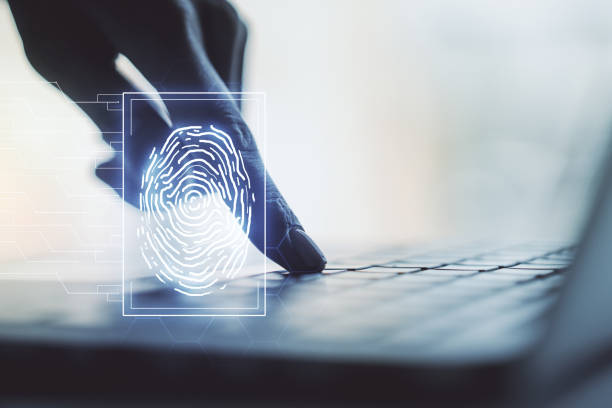 istock Multi exposure of abstract creative fingerprint illustration with hands typing on computer keyboard on background, digital access concept 1468234885