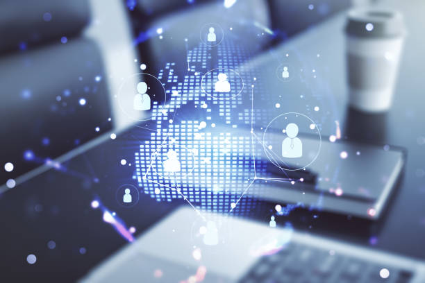 istock Social network concept with world map and modern laptop on background. Multiexposure 1468235105
