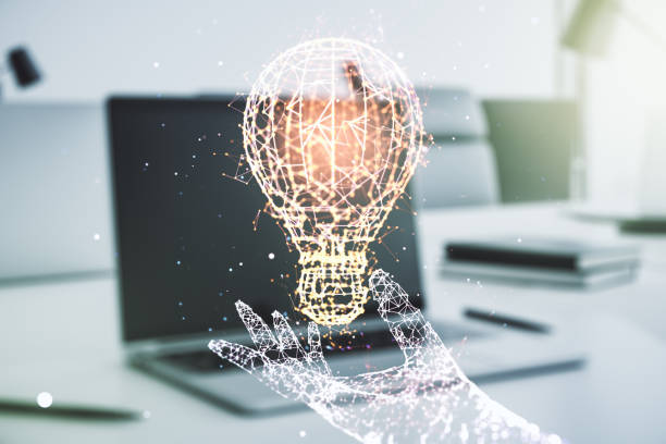 istock Creative idea concept with light bulb illustration on modern laptop background. Multiexposure 1468235155