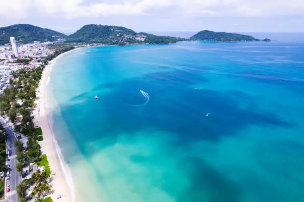 Patong beach Phuket Thailand,Amazing beach beautiful sea in andaman sea, Aerial view sea background ,High angle view