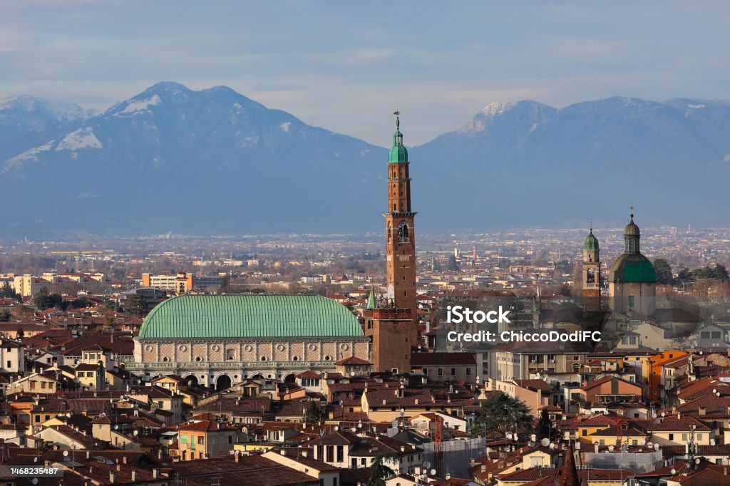 monument called BASILICA PALLADIANA in Vicenza city in Italy seen from above monument called BASILICA PALLADIANA in Vicenza in Northern Italy seen from above Vicenza Stock Photo