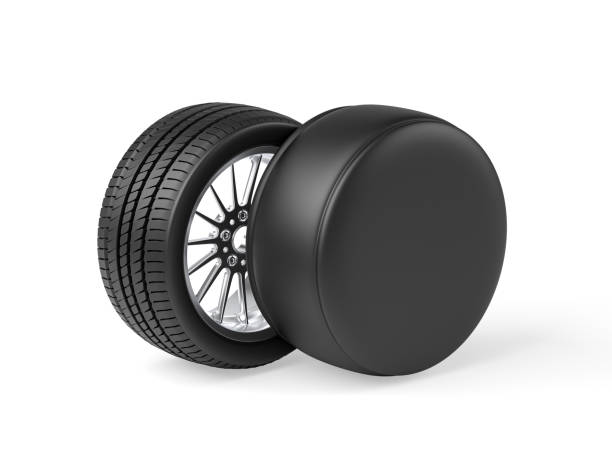 istock Car wheel and black wheel cover ta on white background. 3d render 1468235845