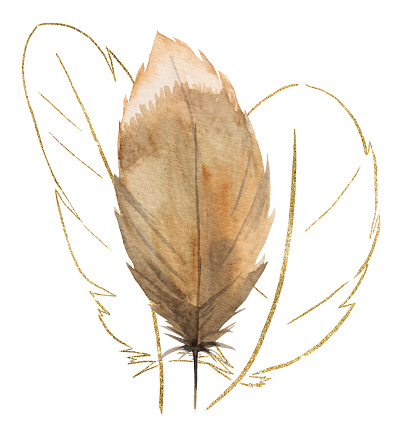 Watercolor beige and gold feathers, Bohemian illustration isolated. Monochrome element for boho, tribal, or ethnic wedding stationery, greeting cards, printing and craft projects