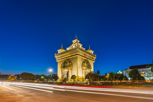 Vientiane Laos, night city skyline at Patuxai (Patuxay) the most famous landmark in Vientiane