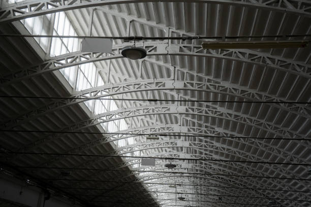 empty modern storehouse ceiling. Ceiling lights