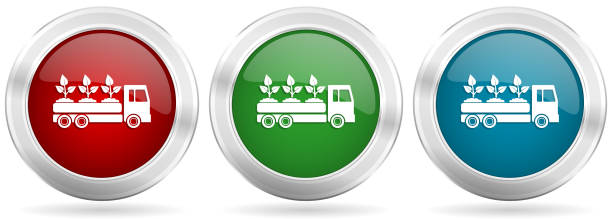 Jeu d’icônes de vecteurs de livraison de camions, de plantes et d’arbres. Boutons web métalliques rouges, bleus et verts argentés avec bordure chromée - Illustration vectorielle