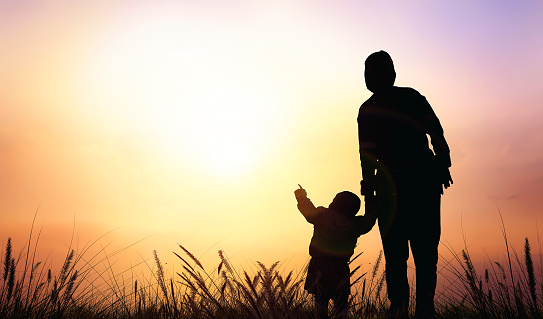 Silhouette of mother and son standing on grass  against sunset sky background