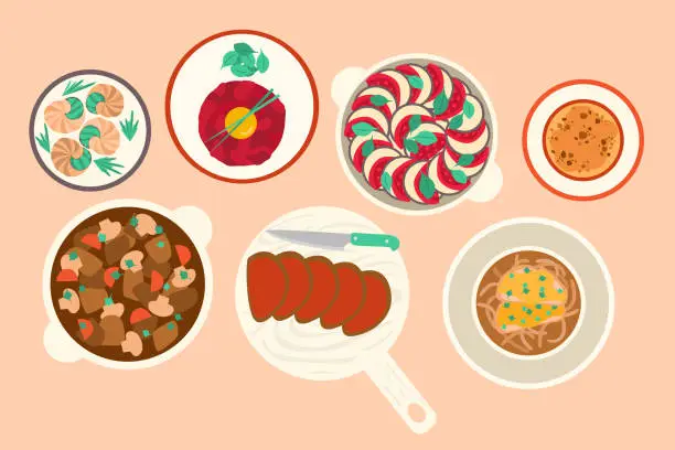 Vector illustration of Different types of food plates in a french restaurant menu