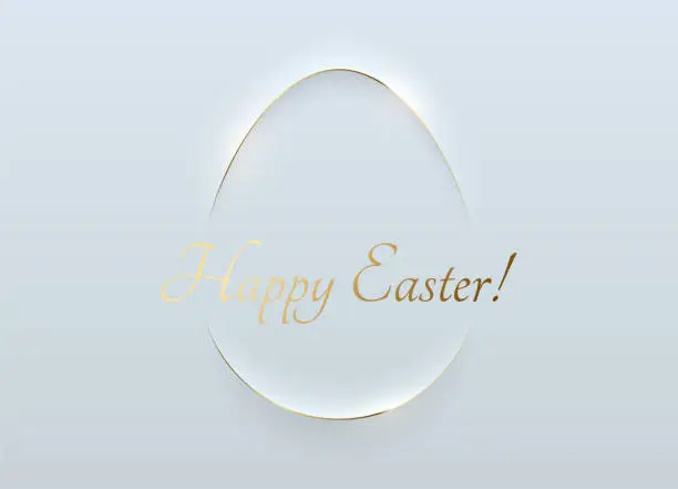 Vector illustration of Easter minimalist greeting card white soft 3D egg shape abstract frame gold line design. Happy Easter golden text. Vector design white background. Luxury minimal holiday poster, greeting card, banner