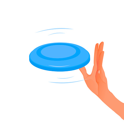Hand holding  frisbee outside. Flaying frisbee outdoors  in white background