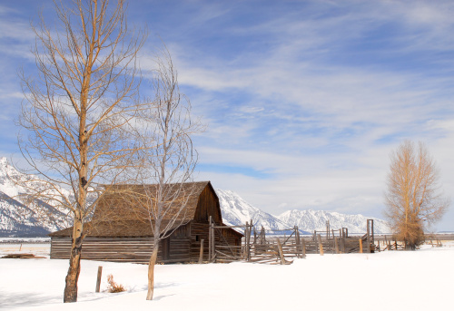 Winter view of the Mouton Barn in the Teton National Park