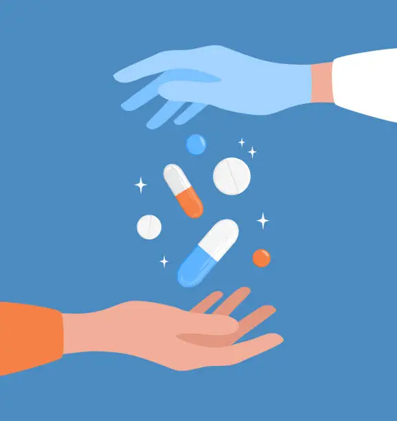 Vector illustration of The doctor giving the patient pills and capsules. Two hands and medicines on a blue background. Vector illustration in flat style