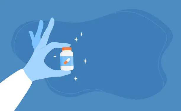 Vector illustration of A doctor's hand in a blue medical glove holding a jar of medicine or vitamins on a blue background with copy space. Vector illustration in flat style