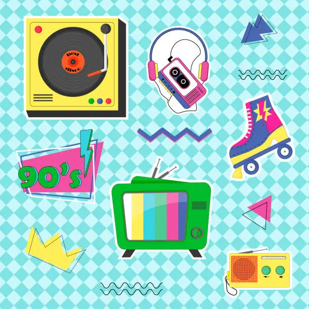 Vector illustration of Card template with retro gadgets - record player, radio and TV, player with headphones and roller skates. Set of 90s stickers.