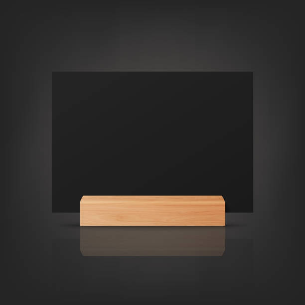 istock Vector 3d Realistic Black Horizontal Empty Blank Paper Sheet, Card on Wooden Holder, Stand Icon Closeup. Design Template for Mockup, Menu Frame, Booklets. Acrylic Tent Card. Front, Side View 1468246766