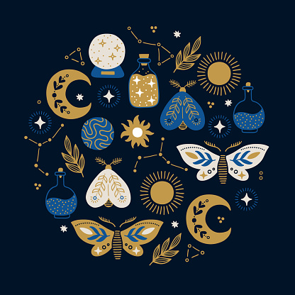 Magic greeting card with moon, moth, sun, constellation, potion, leaves, stars on dark background. Circle ornament. Perfect for seasonal celestial decorations. Vector illustration