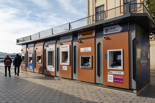 Istanbul,Turkey- February 21 ,2023:Atms Of Various Banks On A Busy Street Of The Karaköy District.