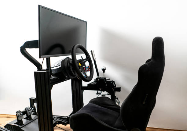 istock sim racing cockpit, auto simulator seat, playing video games 1468248480