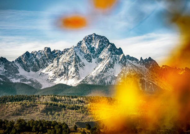 Mt Sneffels In Autumn, Ridgway, Colorado, USA Profile of Mt Sneffels taken from Route 550 north of Ridgway. ridgway stock pictures, royalty-free photos & images