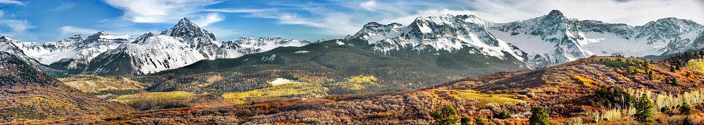 Large panorama of the Dallas Divide of the San Juan Sneffels mountain range in Ridgway, CO. Nearby to Ouray and Telluride destination spots in Southwestern Colorado.