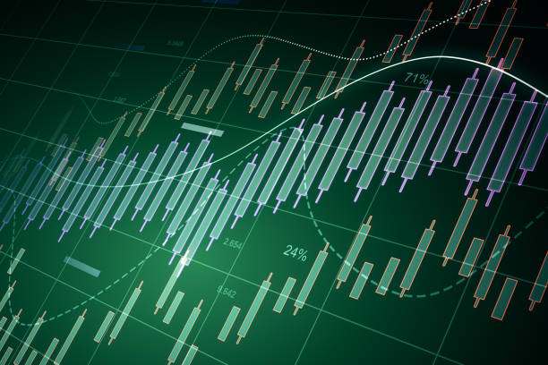 istock Perspective view on digital growing candlestick on abstract green background. 3D rendering 1468252001