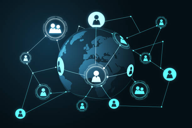istock Social network and global communication concept with digital user icons connected by lines on dark blue world map globe background. 3D rendering 1468252002