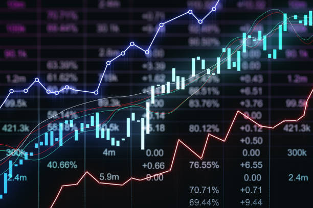 istock Bank and trading statistics concept with front view on digital glowing financial chart graphs and candlestick on dark background with stock market indicators. 3D rendering 1468252044