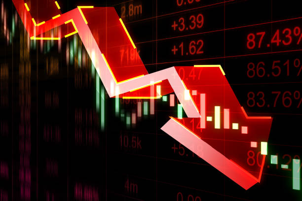 istock Downtrend and economy crisis concept with falling down digital red arrow on dark technological background with financial chart candlestick. 3D rendering 1468252056