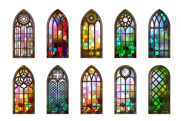 gotyckie witraże. kościół średniowieczne łuki. katolickie ramy mozaiki katedralnej. stary projekt architektoniczny. zestaw wektorowy - stained glass glass window church stock illustrations