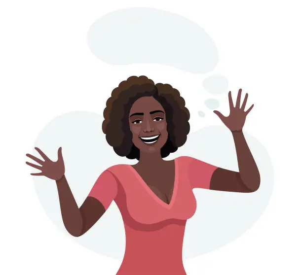 Vector illustration of Portrait of surprised African American Woman with wide open mouth gesturing with palms.