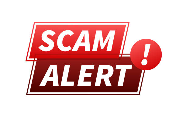 Banner with red scam alert. Attention sign. Cyber security icon. Caution warning sign sticker. Flat warning symbol. Vector stock illustration. Banner with red scam alert. Attention sign. Cyber security icon. Caution warning sign sticker. Flat warning symbol. Vector stock illustration hoax stock illustrations