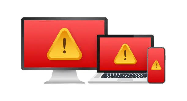 Vector illustration of Alert message laptop notification. Danger error alerts, laptop virus problem or insecure messaging spam problems notifications. Vector stock illustration.