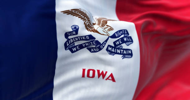 Detail of the Iowa state flag waving in the wind Detail of the Iowa state flag waving. Three vertical stripes of blue, white, and red, with a bald eagle in the center. 3d illustration render. Selective focus. Close-up. Textured fabric background iowa flag stock pictures, royalty-free photos & images