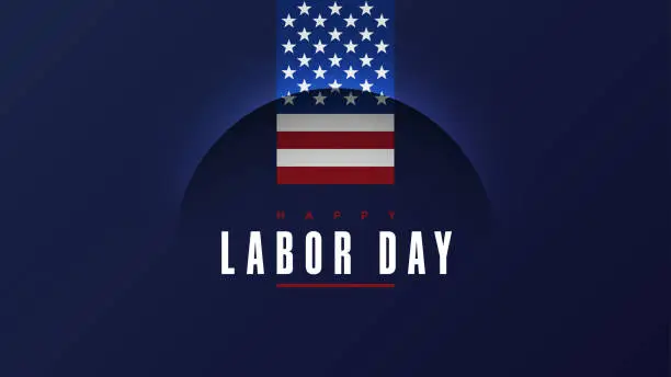 Vector illustration of Labor Day USA navy blue background. American national holiday with a US flag and line arc shape banner. Vector minimal solid blue poster clear design