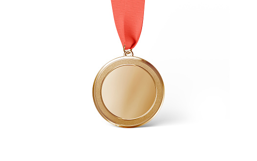 Blank gold medal with red ribbon mockup stand, front view, 3d rendering. Empty success achievement award mock up, isolated. Clear best sport trophy for laurel competition template.