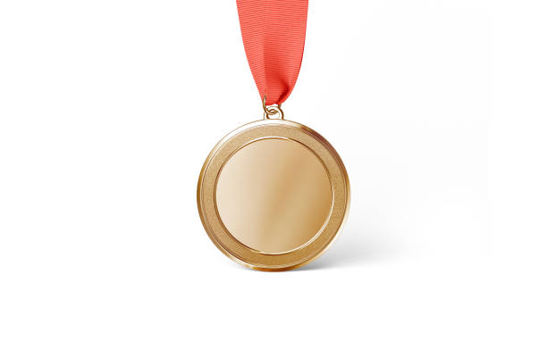 Blank gold medal with red ribbon mockup stand, front view stock photo