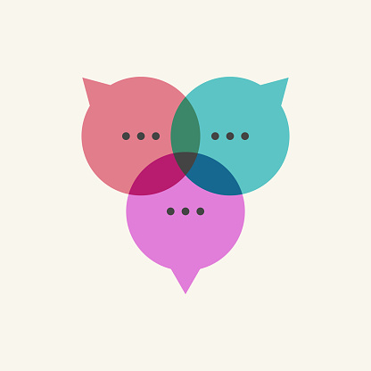 Three comment bubbles, message. Online communication, discussion icon. Networking symbol