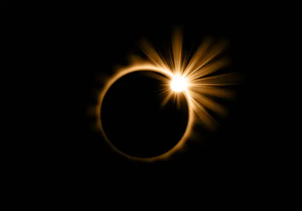 Vector illustration of Solar eclipse, sun or moon eclipse light glow on black background, vector space planet. Total solar eclipse or lunar circle ring with light shine rays flare in dark space