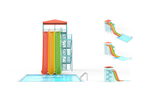 Blank colored multi-lane waterslide with swimming pool mockup, different views, 3d rendering. Empty aqua tube attraction in hotel mock up, isolated. Clear resort waterpark for children template.