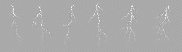 Lighting Lightning, white color lightning strike during a night storm, electrical energy, electric shock, flash of magical energy. Powerful prospective discharge, Light Spark Storm Flash Thunderstorm. Vector lightning stock illustrations