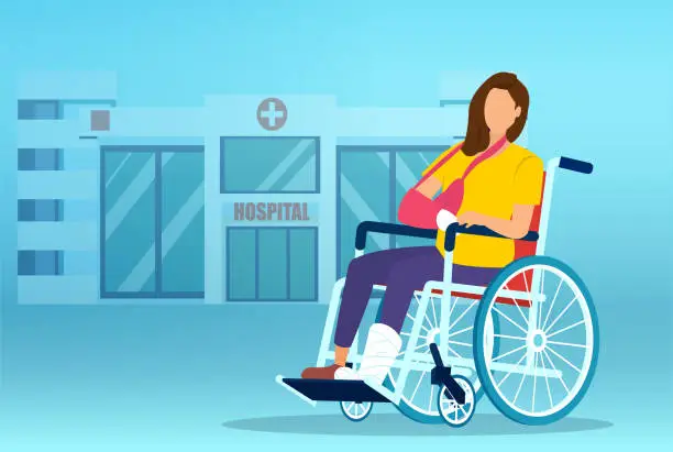 Vector illustration of Vector of a sad woman with leg and arm fracture sitting in a wheelchair on a hospital background