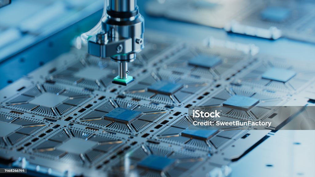 Close-up of Silicon Die are being Extracted from Semiconductor Wafer and Attached to Substrate by Pick and Place Machine. Computer Chip Manufacturing at Fab. Semiconductor Packaging Process. Semiconductor Stock Photo