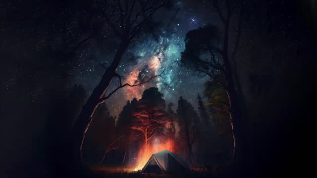 Nighttime Camping Adventure: Tent under the Milky Way, Surrounded by Trees and Campfire Light, Seamless Loop