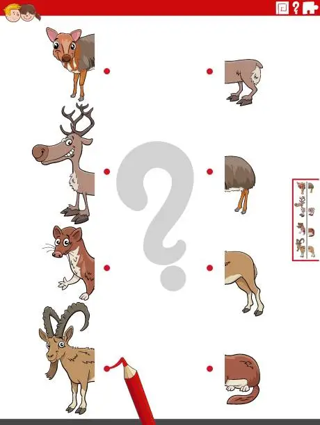 Vector illustration of match halves of pictures with animals educational task